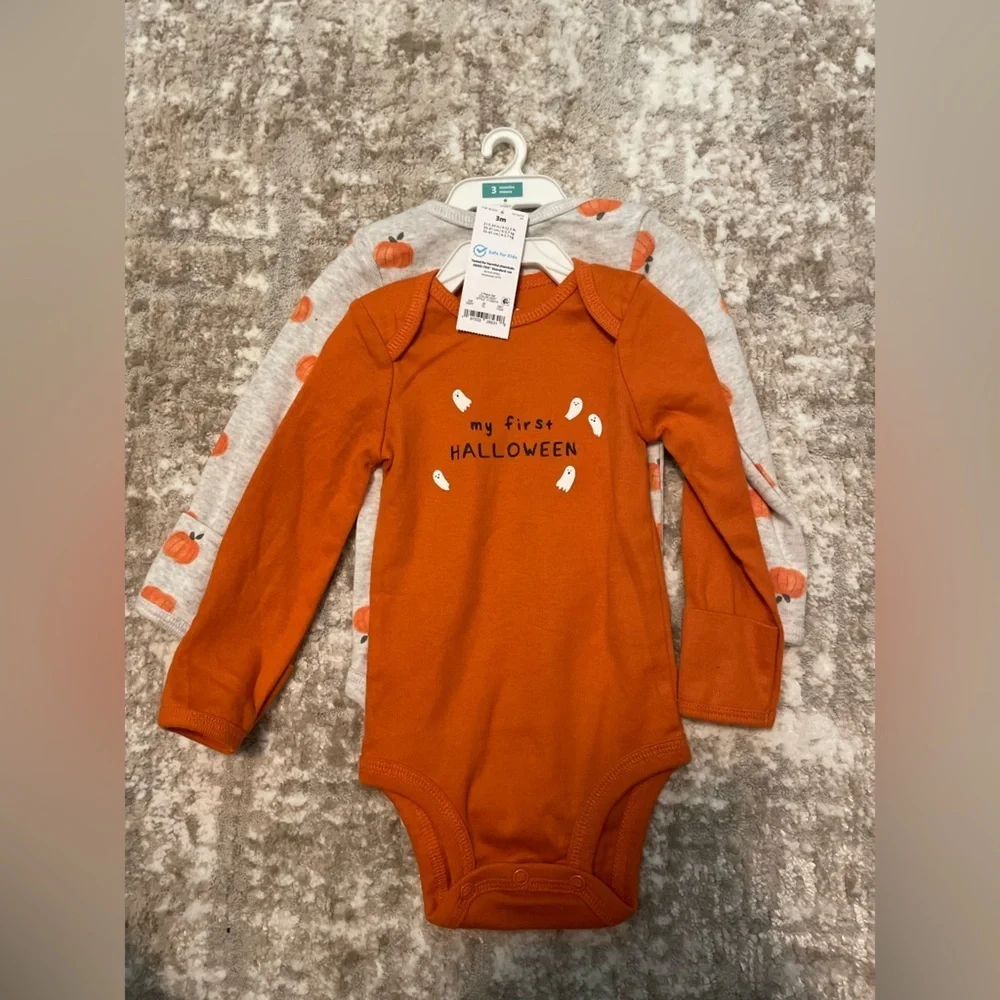 Carter's Pumpkin Orange My First Halloween Bodysuit set of 2 size 3M -NWT